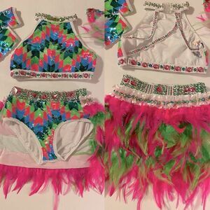 Glamour solo dance costume neon Feather embellished leotard 2 piece LC